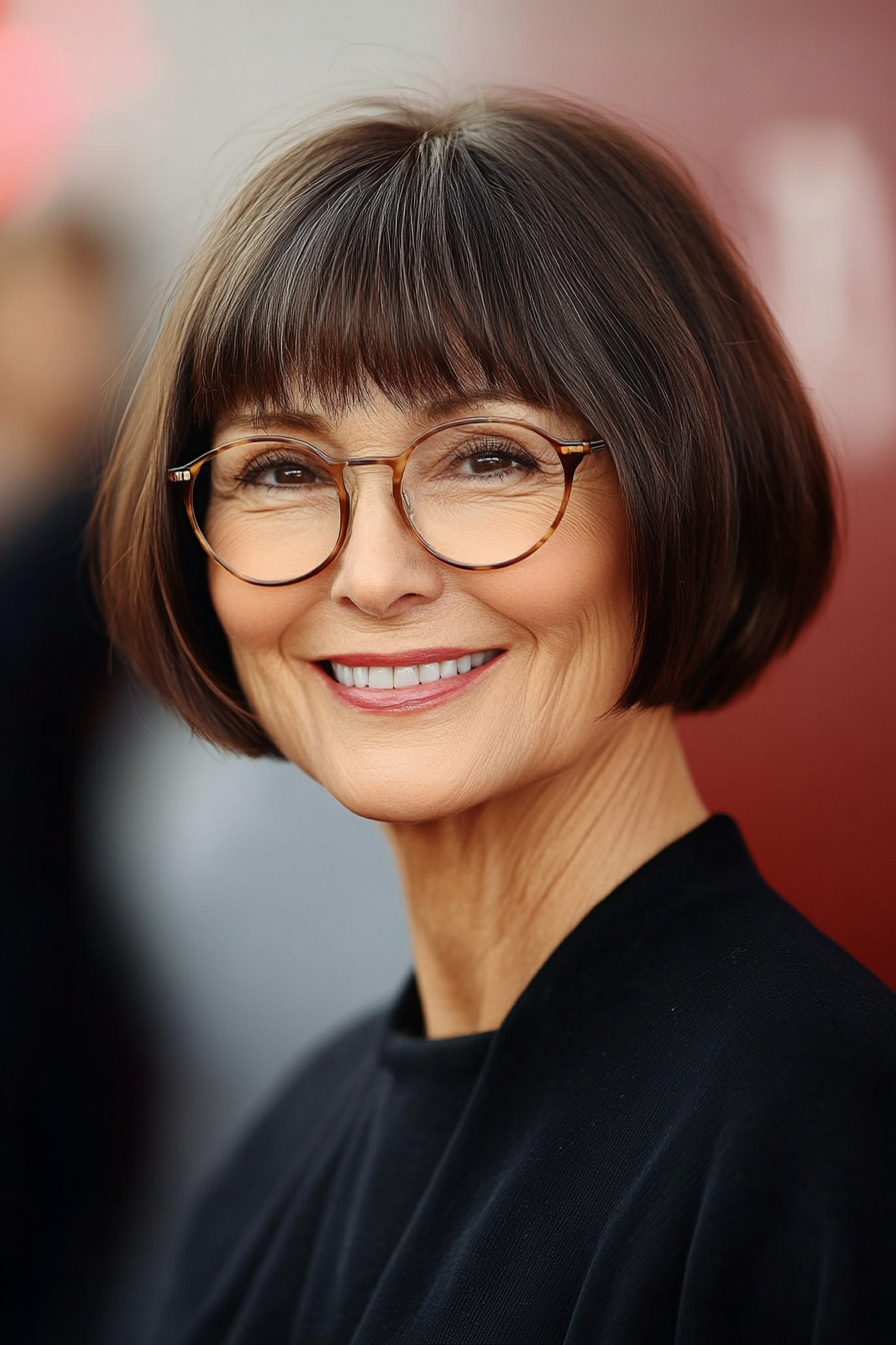 24. Classic Bowl Cut with Fringes – Medium Brown (Short Hairstyles For Older Women With Glasses) - Short Hairstyles For Older Women With Glasses