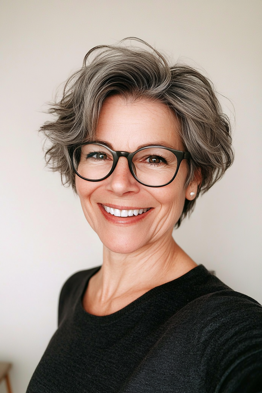 25. Tousled Tapered Cut – Dark Grey (Short Hairstyles For Older Women With Glasses) - Short Hairstyles For Older Women With Glasses