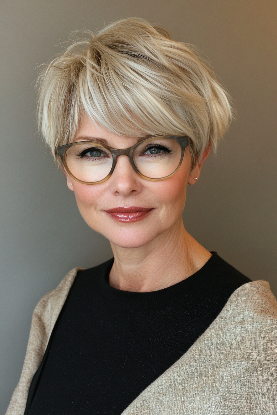 26. Short Layered Pixie – Caramel Blonde (Short Hairstyles For Older Women With Glasses) - Short Hairstyles For Older Women With Glasses
