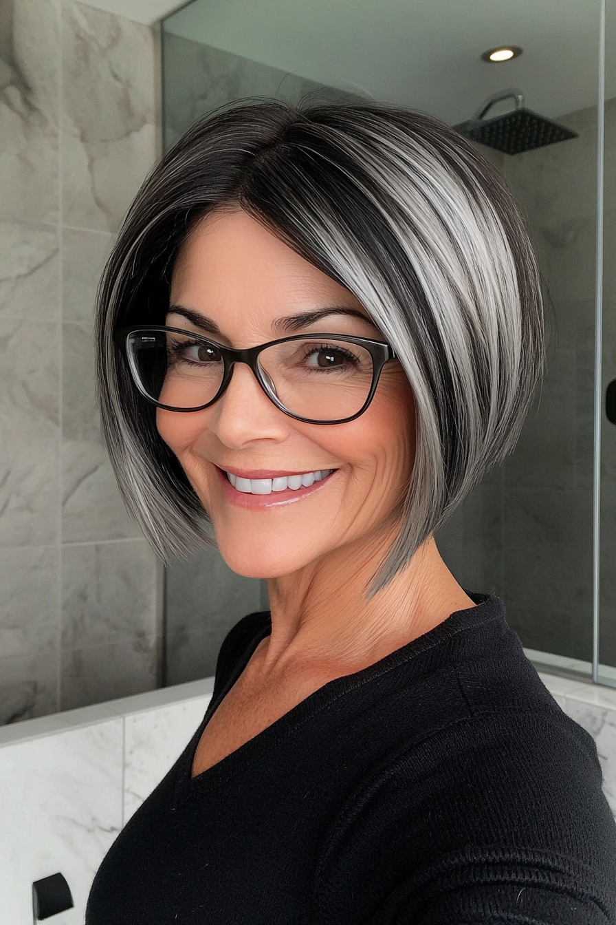 27. V-Cut Bob – Black with Silver Highlights (Short Hairstyles For Older Women With Glasses) - Short Hairstyles For Older Women With Glasses
