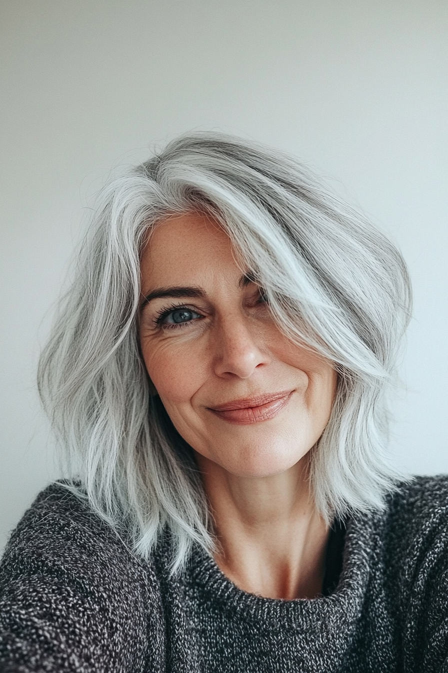 9. Textured Bob with White and Gray Mix (Great Hairstyles For Women Over 60) - Great Hairstyles For Women Over 60