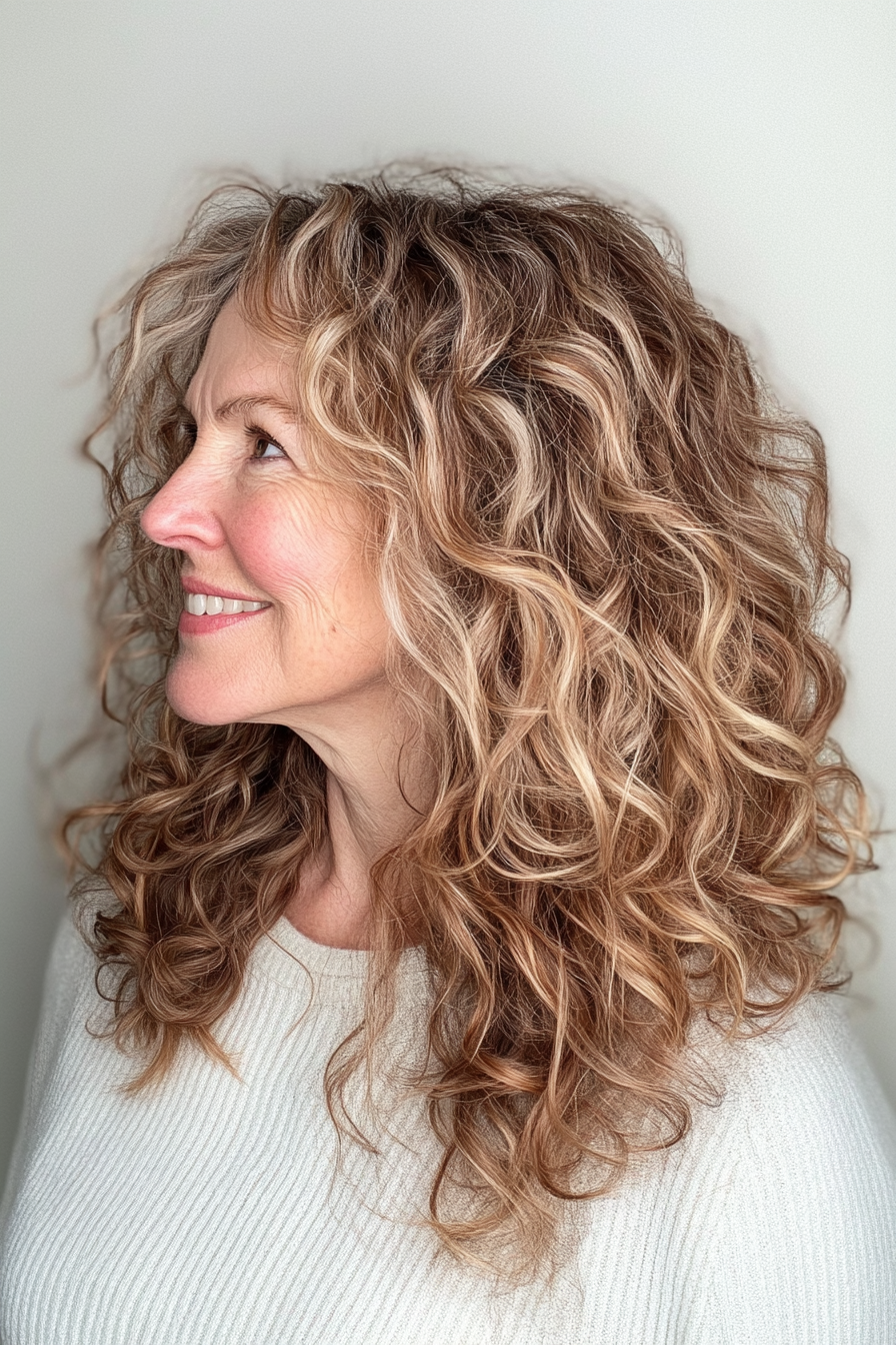 10. Bouncy Curls with Light Brown Highlights (Great Hairstyles For Women Over 60) - Great Hairstyles For Women Over 60