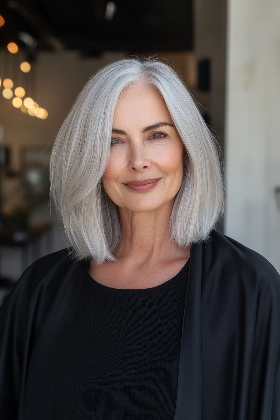 11. Sleek, Straight Lob with Silver Undertones (Great Hairstyles For Women Over 60) - Great Hairstyles For Women Over 60