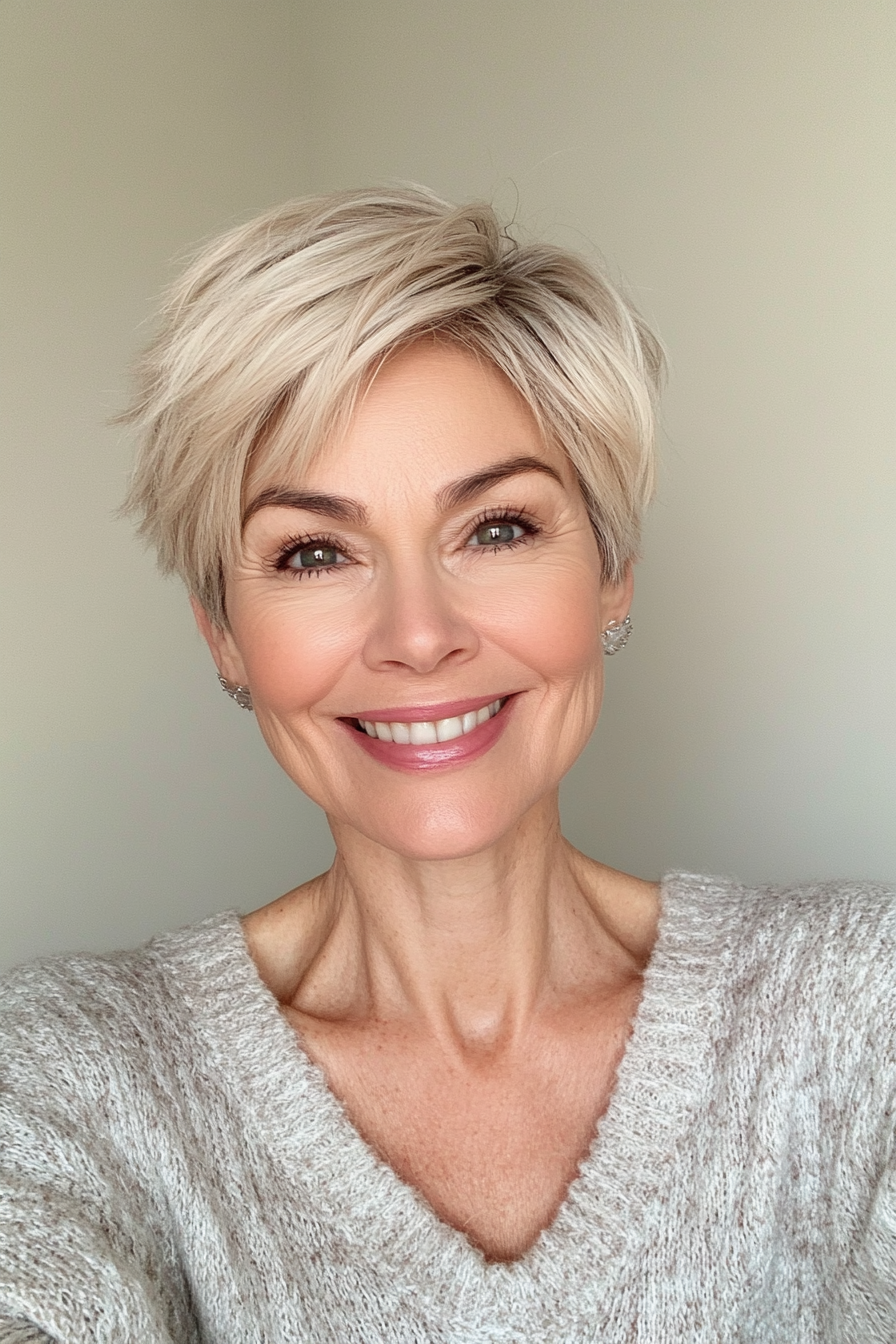 16. Textured Pixie with Soft Blonde Highlights (Great Hairstyles For Women Over 60) - Great Hairstyles For Women Over 60