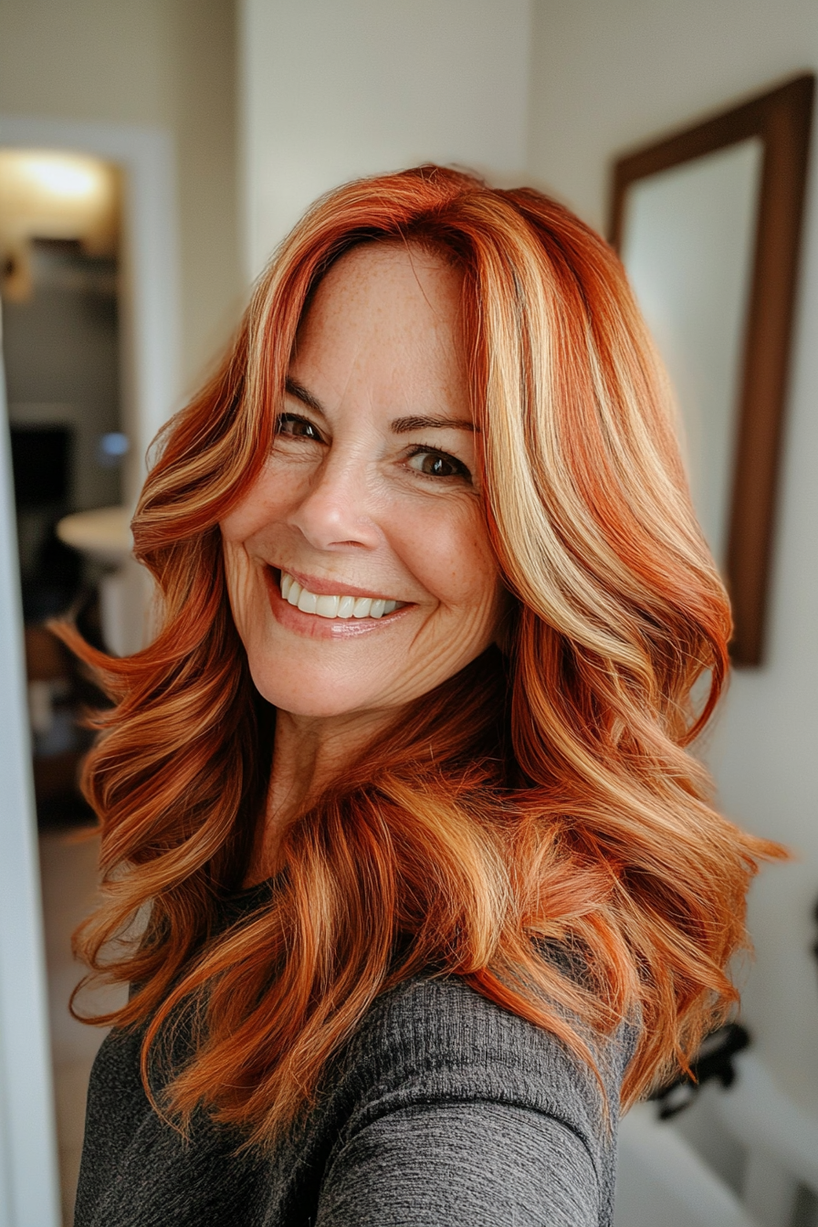 18. Soft Waves with Caramel and Red Tones (Great Hairstyles For Women Over 60) - Great Hairstyles For Women Over 60