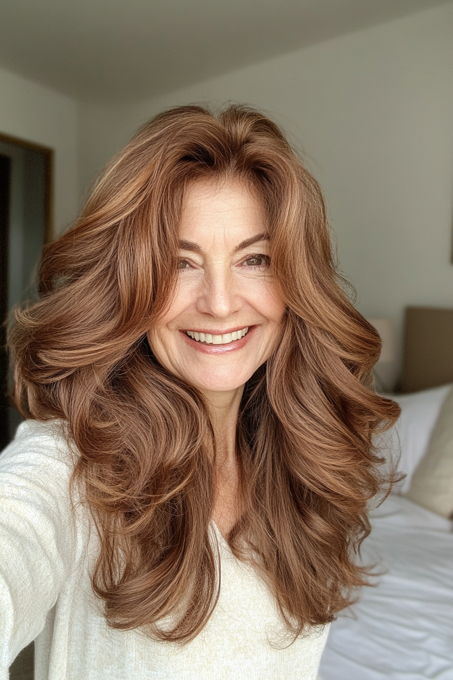 21. Long, Wavy Layers with Chestnut Brown (Great Hairstyles For Women Over 60) - Great Hairstyles For Women Over 60