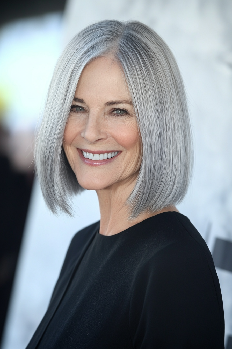 22. Blunt Cut with Silver Gray Highlights (Great Hairstyles For Women Over 60) - Great Hairstyles For Women Over 60