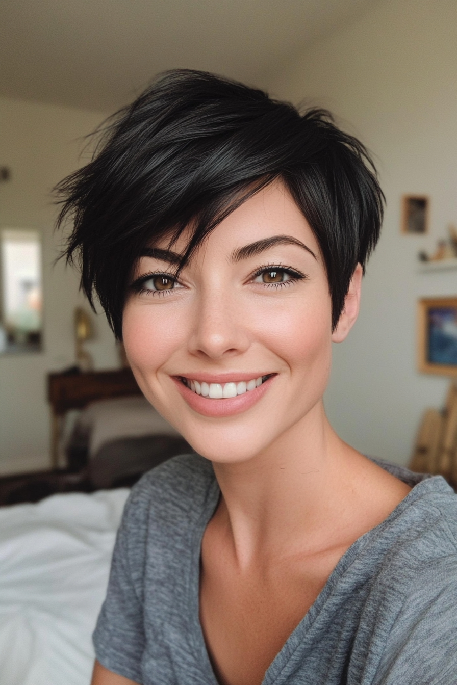 2. The Asymmetrical Pixie – Natural Black (Short Hairstyles For Thick Hair) - Short Hairstyles For Thick Hair