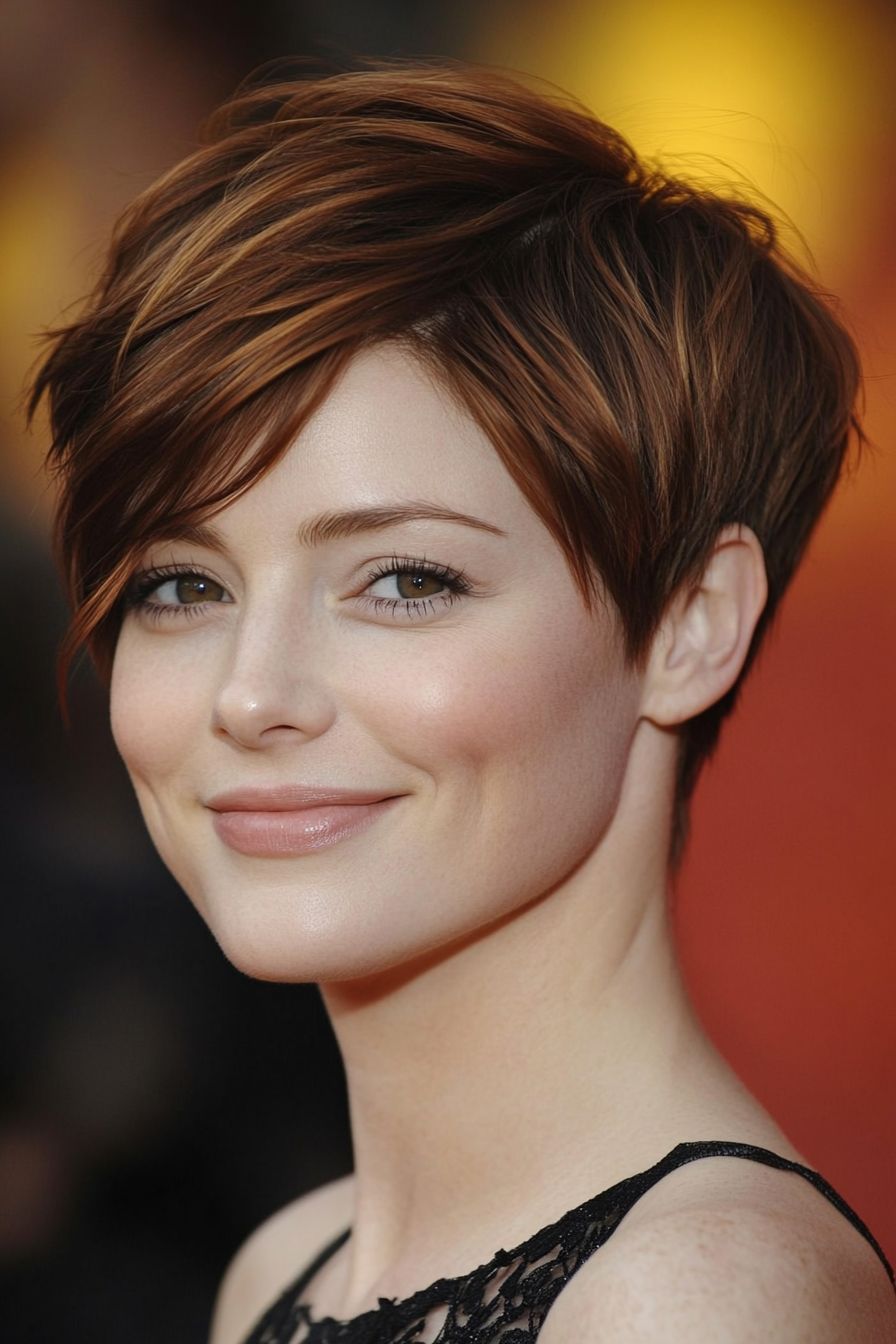 9. Textured Pixie with Side Swept Bangs – Dark Copper (Short Hairstyles For Thick Hair) - Short Hairstyles For Thick Hair