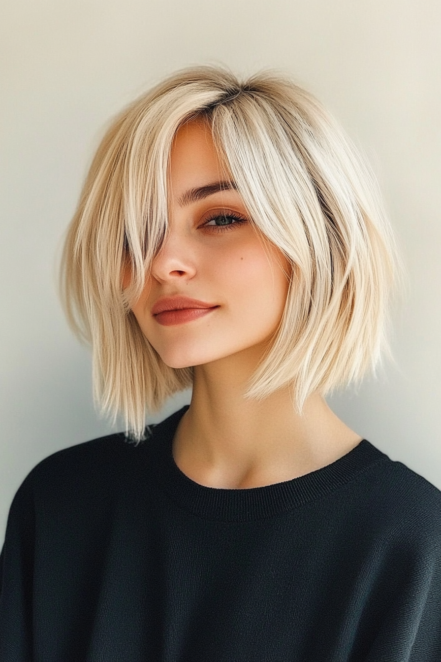 10. Choppy Bob with Fringed Bangs – Medium Blonde (Short Hairstyles For Thick Hair) - Short Hairstyles For Thick Hair