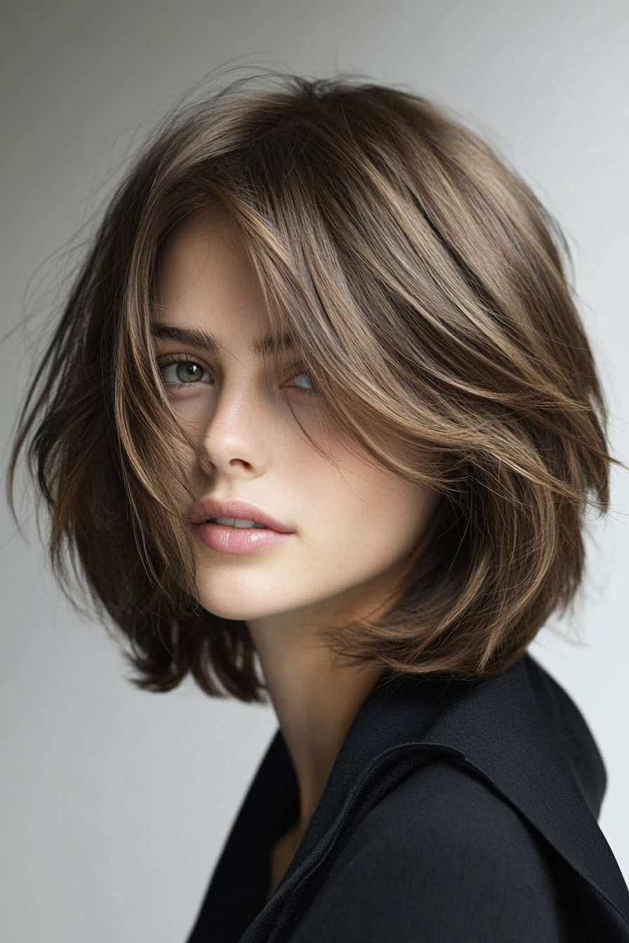 25. Layered Side Part – Ash Brown (Short Hairstyles For Thick Hair) - Short Hairstyles For Thick Hair