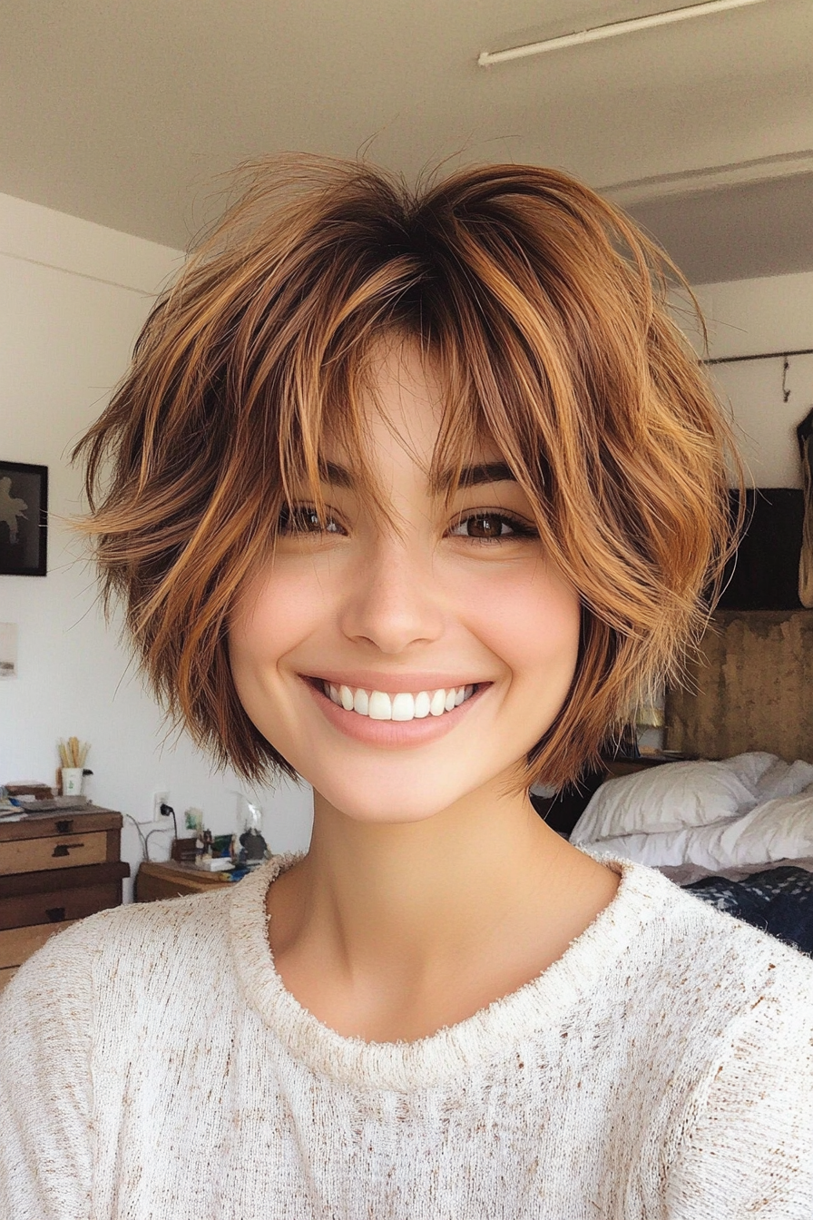 26. Bouncy Shaggy Bob – Caramel Brown (Short Hairstyles For Thick Hair) - Short Hairstyles For Thick Hair