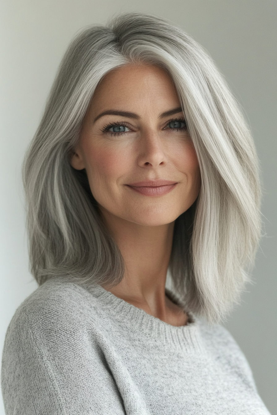 3. Blunt Cut with Silver Gray (Medium Haircuts For Older Women) - Medium Haircuts For Older Women