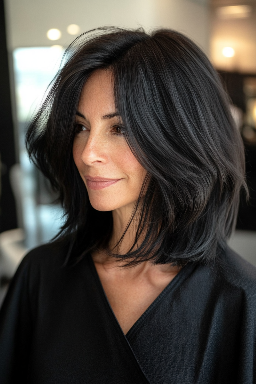 6. Angled Lob with Soft Black (Medium Haircuts For Older Women) - Medium Haircuts For Older Women