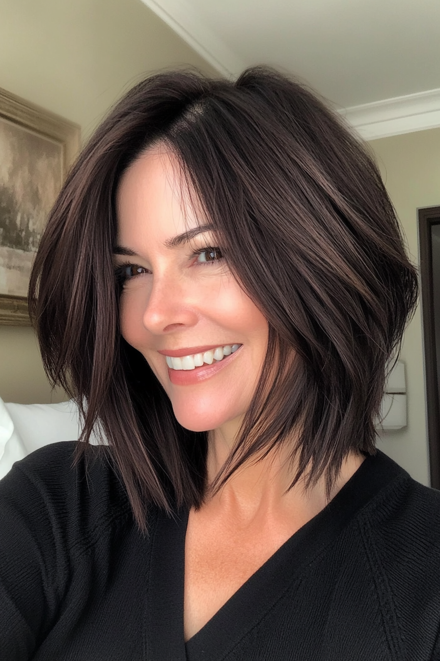 9. Choppy Lob with Dark Chocolate Brown (Medium Haircuts For Older Women) - Medium Haircuts For Older Women