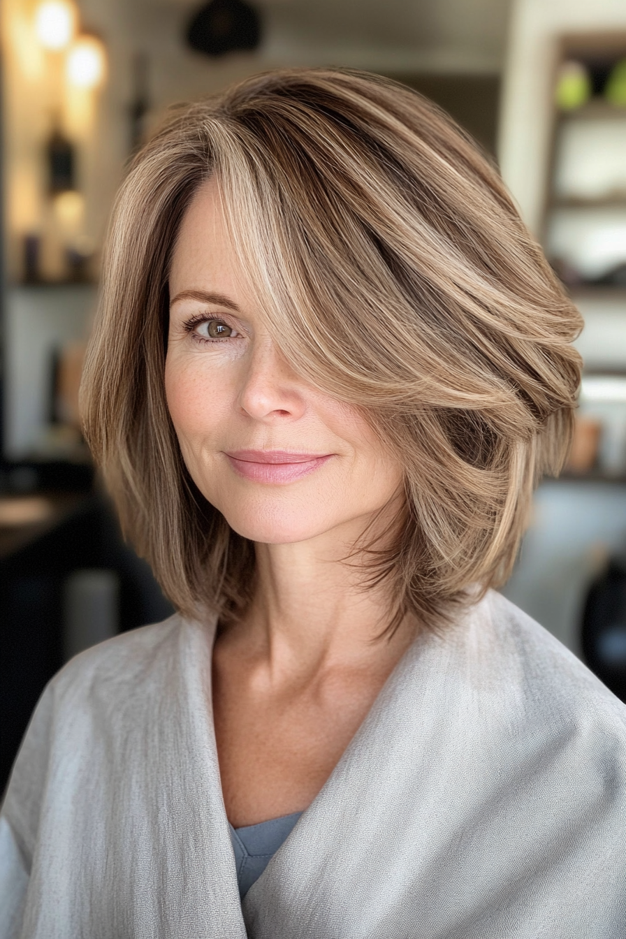 10. Layered Bob with Ash Brown (Medium Haircuts For Older Women) - Medium Haircuts For Older Women