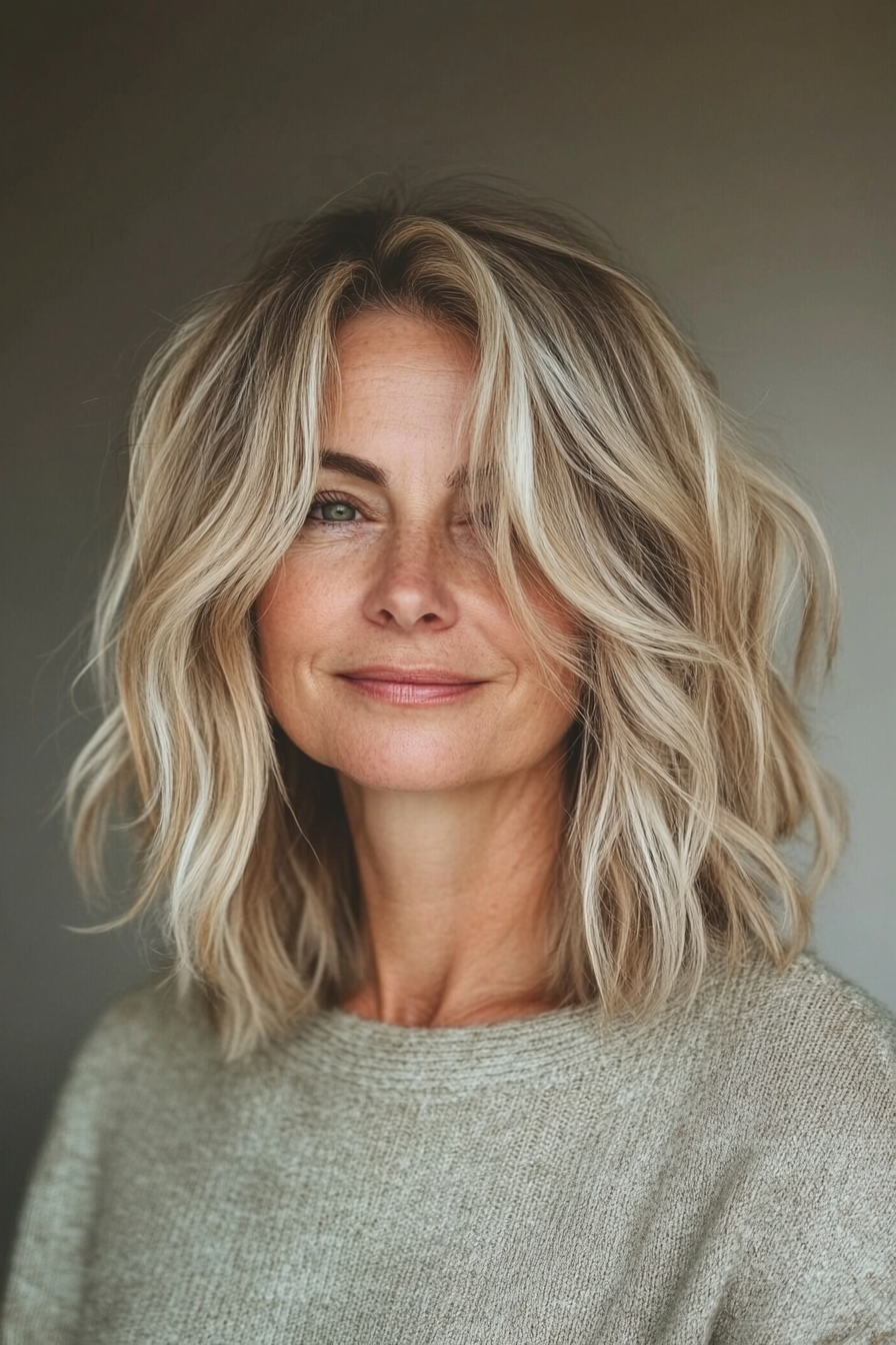 12. Wavy Lob with Sandy Blonde (Medium Haircuts For Older Women) - Medium Haircuts For Older Women