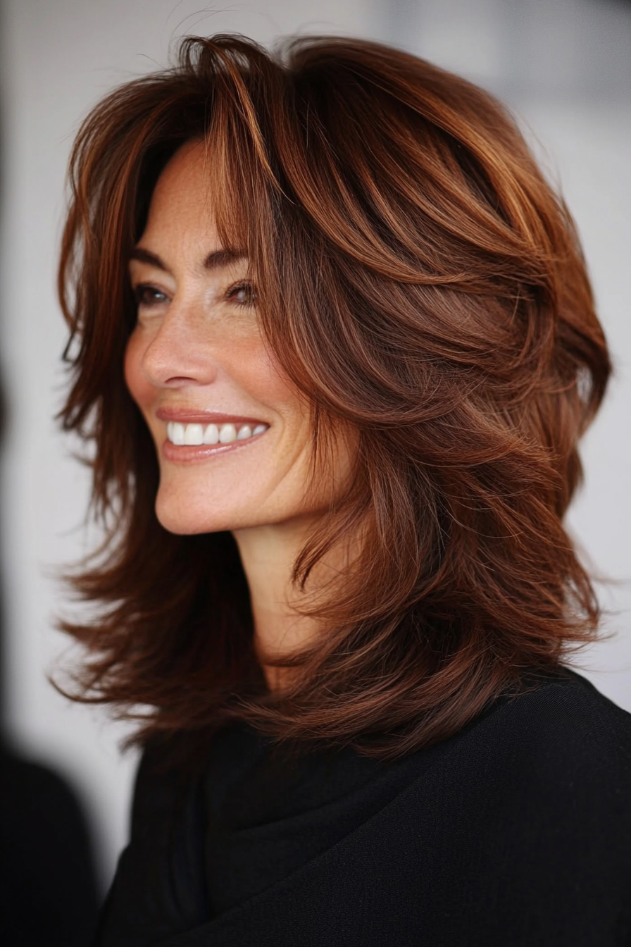 14. Modern Shag with Mahogany Brown (Medium Haircuts For Older Women) - Medium Haircuts For Older Women