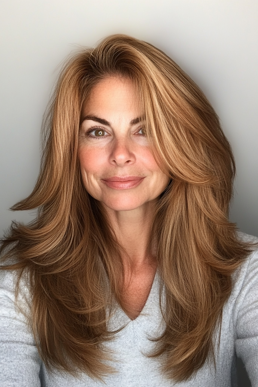 15. Long Layers with Sun-Kissed Brown (Medium Haircuts For Older Women) - Medium Haircuts For Older Women