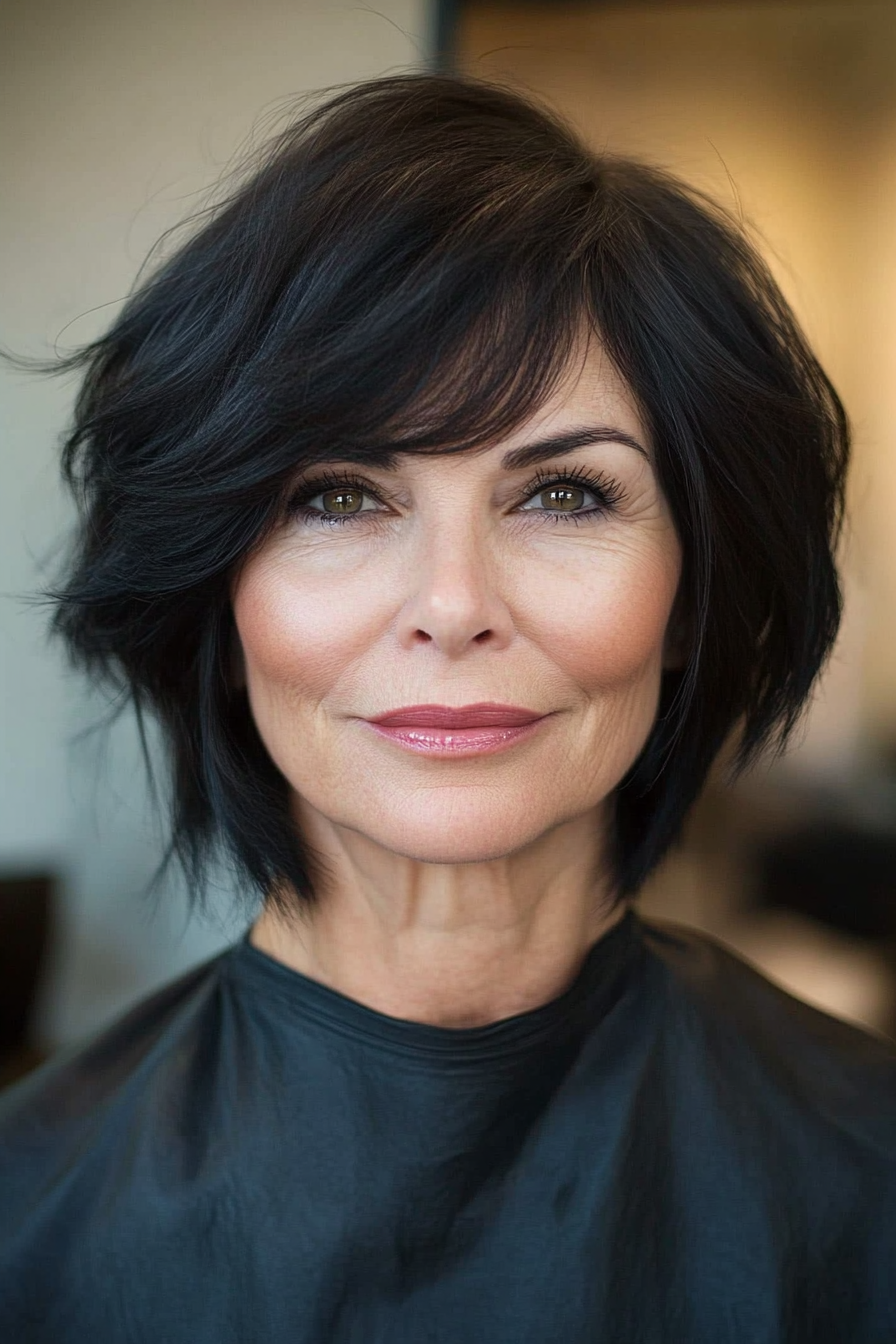 16. Asymmetrical Bob with Natural Black (Medium Haircuts For Older Women) - Medium Haircuts For Older Women