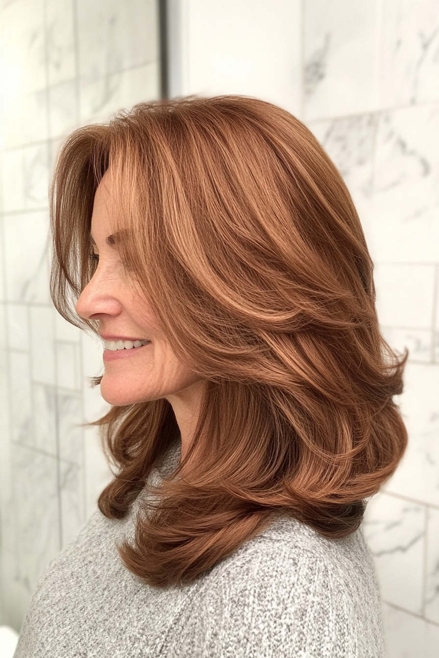 19. Layered Cut with Warm Chestnut (Medium Haircuts For Older Women) - Medium Haircuts For Older Women