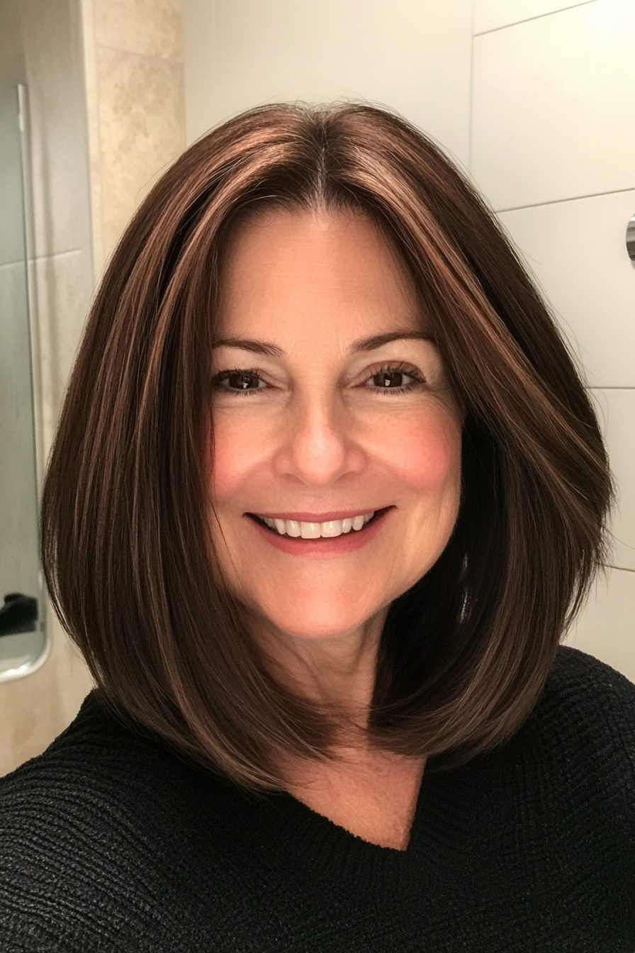 21. Straight Cut with Rich Brunette (Medium Haircuts For Older Women) - Medium Haircuts For Older Women