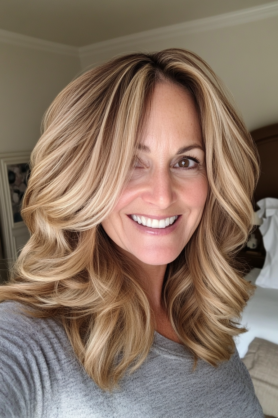 22. Bouncy Layers with Dark Golden Blonde (Medium Haircuts For Older Women) - Medium Haircuts For Older Women