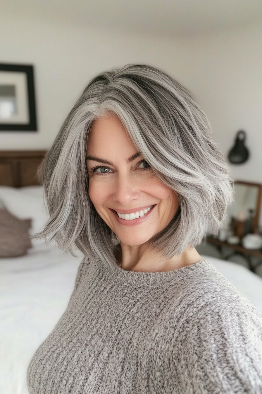 24. Textured Bob with Natural Gray (Medium Haircuts For Older Women) - Medium Haircuts For Older Women