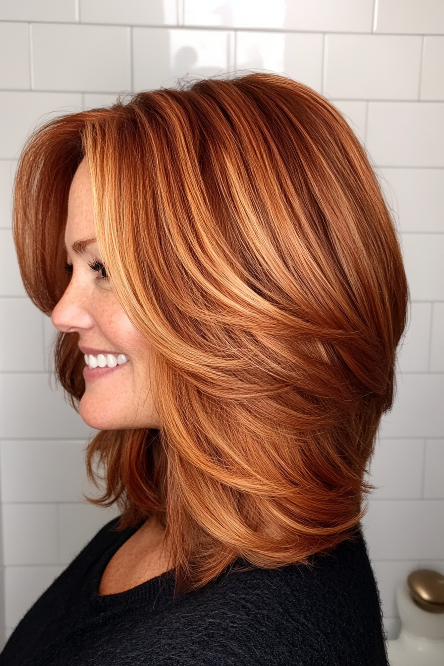 26. Layered Lob with Copper Highlights (Medium Haircuts For Older Women) - Medium Haircuts For Older Women