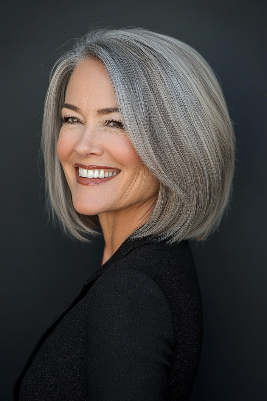 4. Side-Parted Bob with Salt and Pepper Hair (Bob Hairstyles For Women Over 50) - Bob Hairstyles For Women Over 50