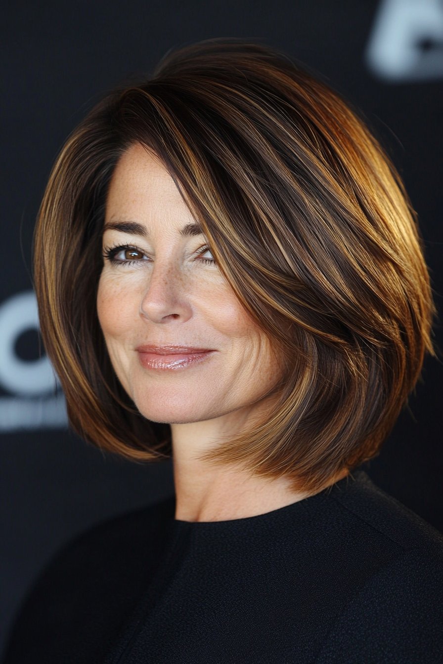 12. Graduated Bob with Caramel Highlights (Bob Hairstyles For Women Over 50) - Bob Hairstyles For Women Over 50