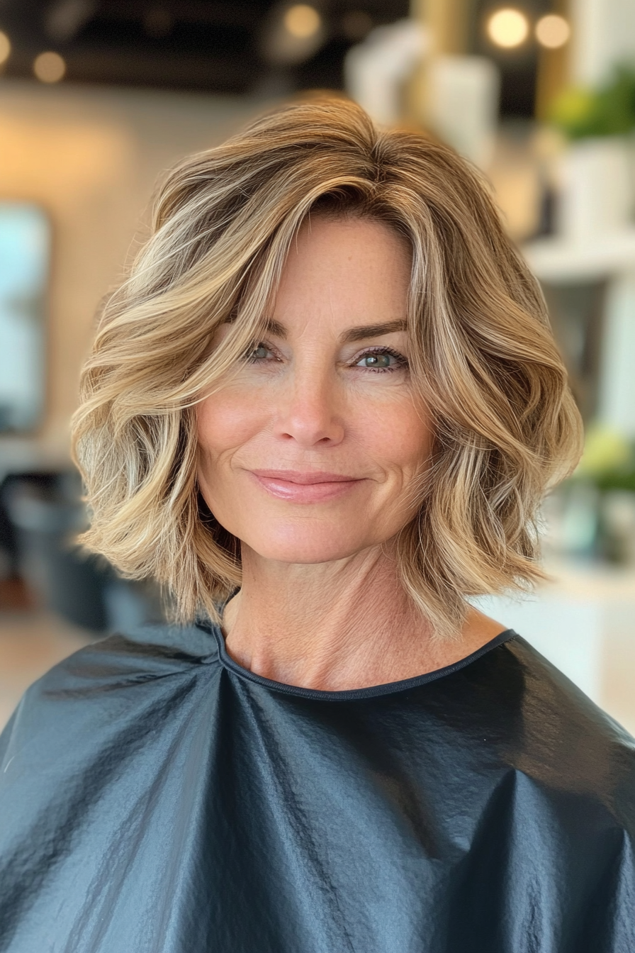 14. Textured Bob with Brown and Blonde Balayage (Bob Hairstyles For Women Over 50) - Bob Hairstyles For Women Over 50