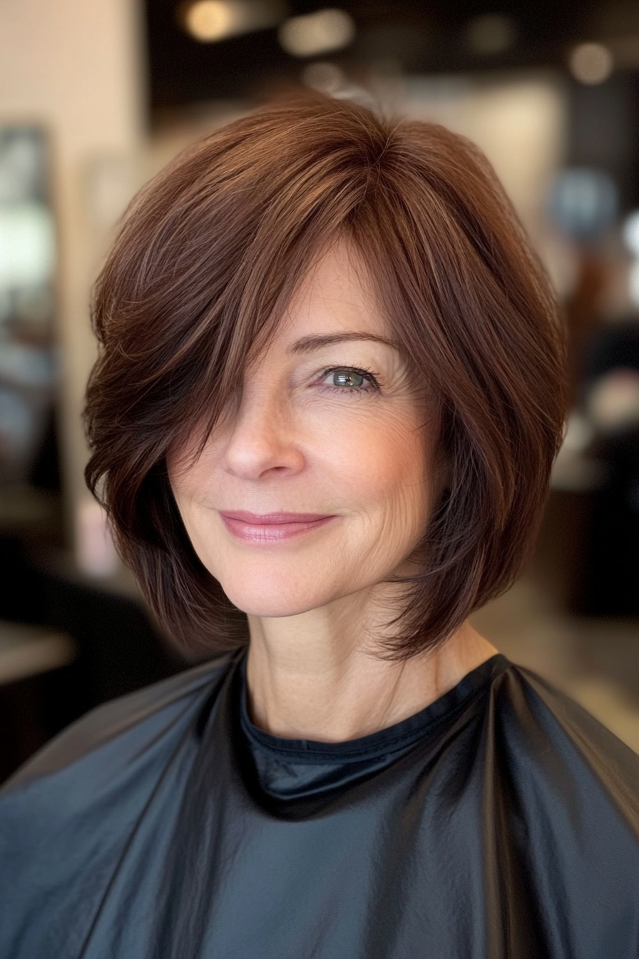 16. Bob with Side-Swept Bangs and Dark Auburn Hair (Bob Hairstyles For Women Over 50) - Bob Hairstyles For Women Over 50
