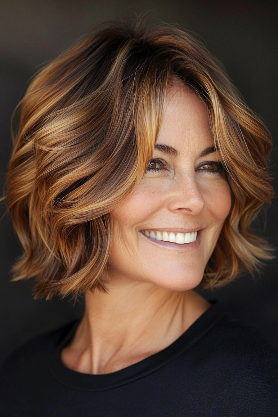 19. Layered Bob with Caramel and Chestnut Highlights (Bob Hairstyles For Women Over 50) - Bob Hairstyles For Women Over 50