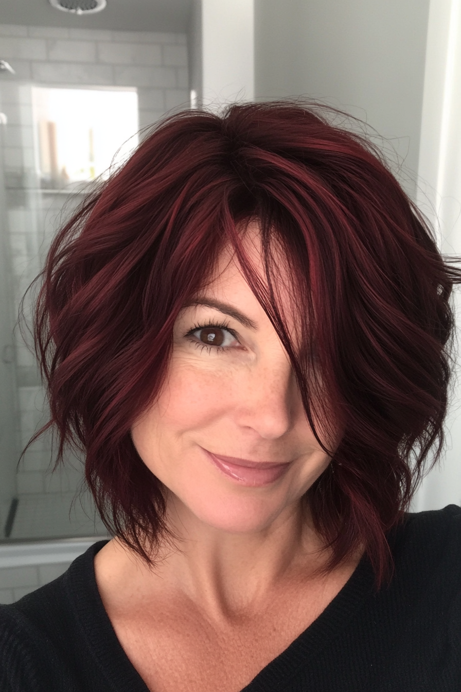 23. Messy Bob with Dark Red Hair (Bob Hairstyles For Women Over 50) - Bob Hairstyles For Women Over 50