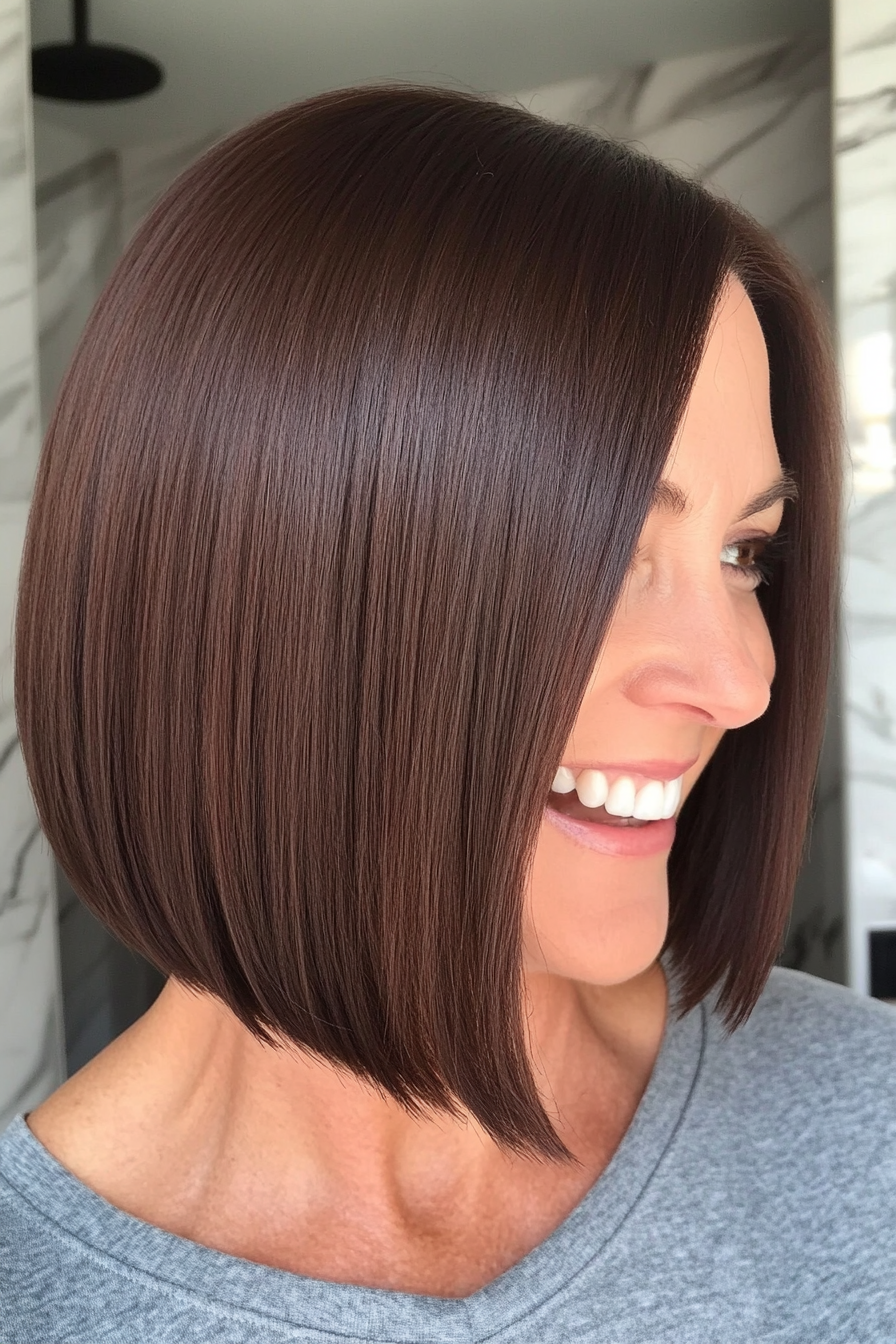 24. Smooth Bob with Rich Chocolate Brown Hair (Bob Hairstyles For Women Over 50) - Bob Hairstyles For Women Over 50