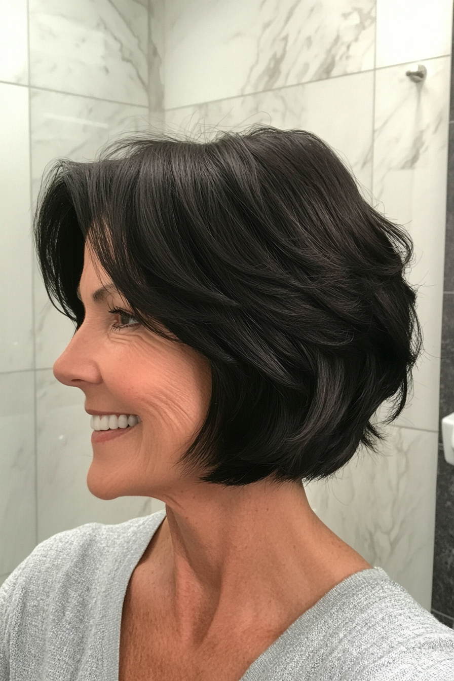 27. Stacked Bob with Rich Black Hair (Bob Hairstyles For Women Over 50) - Bob Hairstyles For Women Over 50