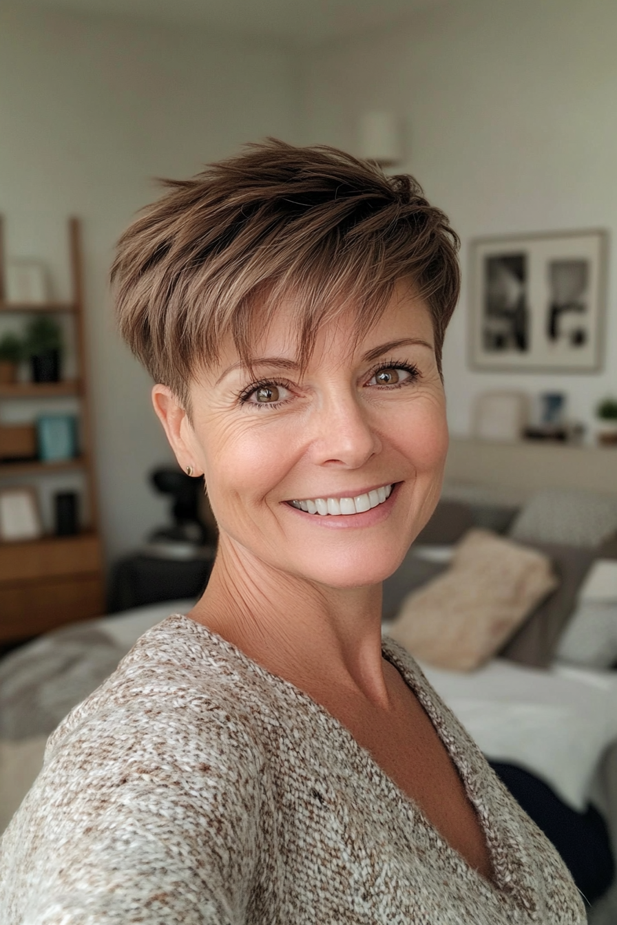 3. Ash Brown with Flicked Ends (Pixie Hairstyles For Women Over 50) - Pixie Hairstyles For Women Over 50