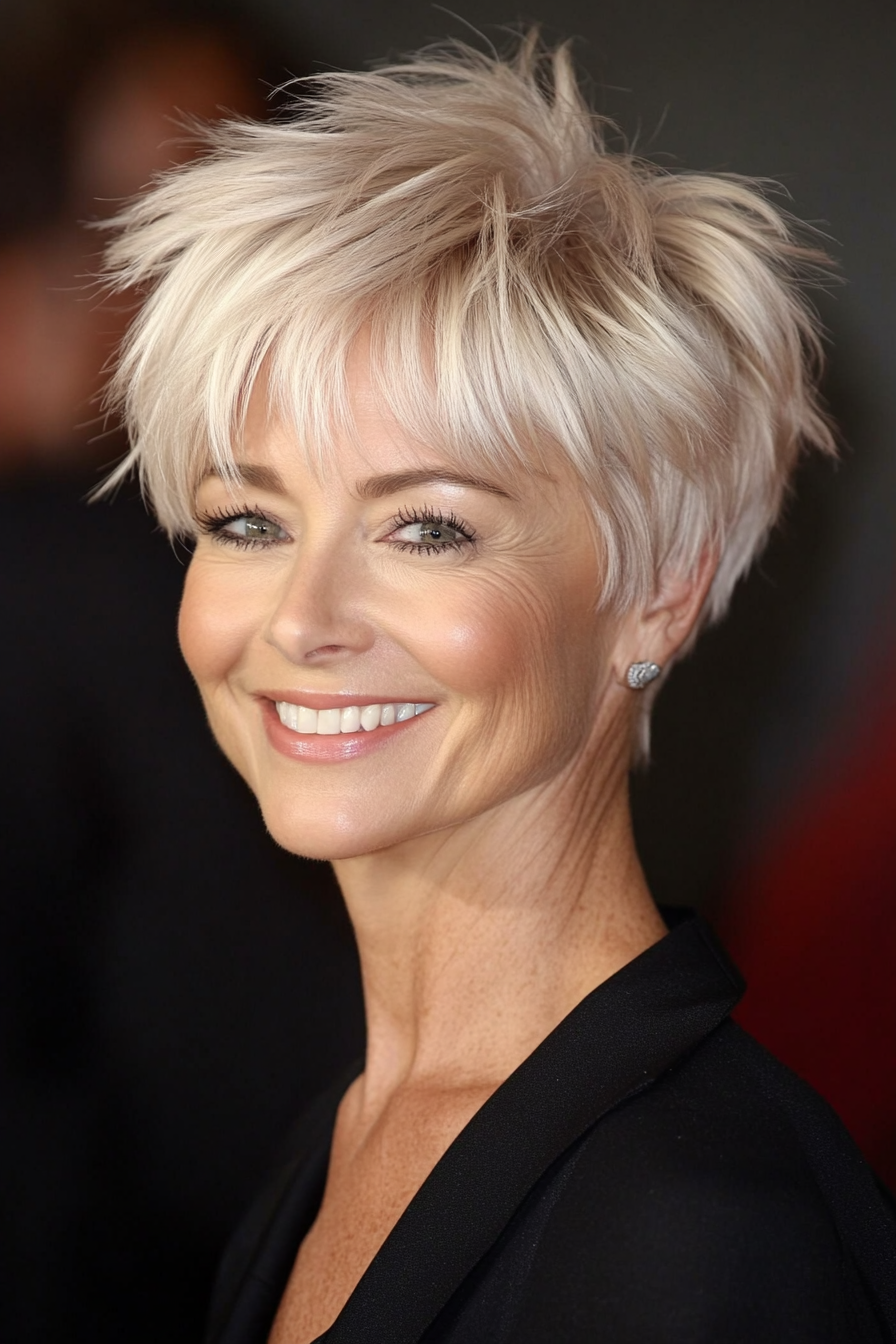 4. Feathered Platinum Blonde Pixie (Pixie Hairstyles For Women Over 50) - Pixie Hairstyles For Women Over 50