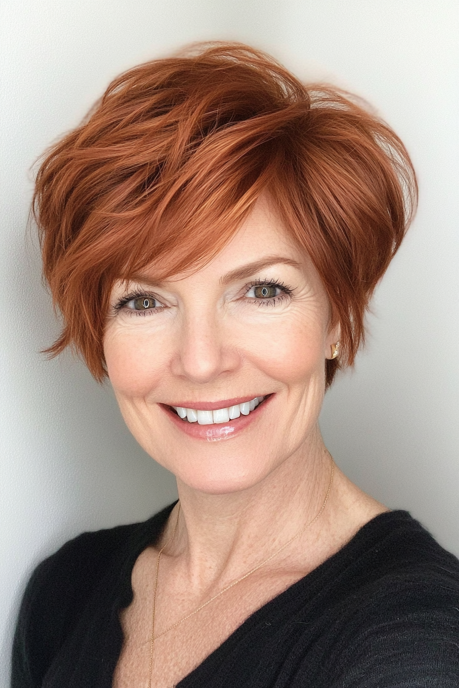 5. Layered Auburn Pixie with Side Part (Pixie Hairstyles For Women Over 50) - Pixie Hairstyles For Women Over 50