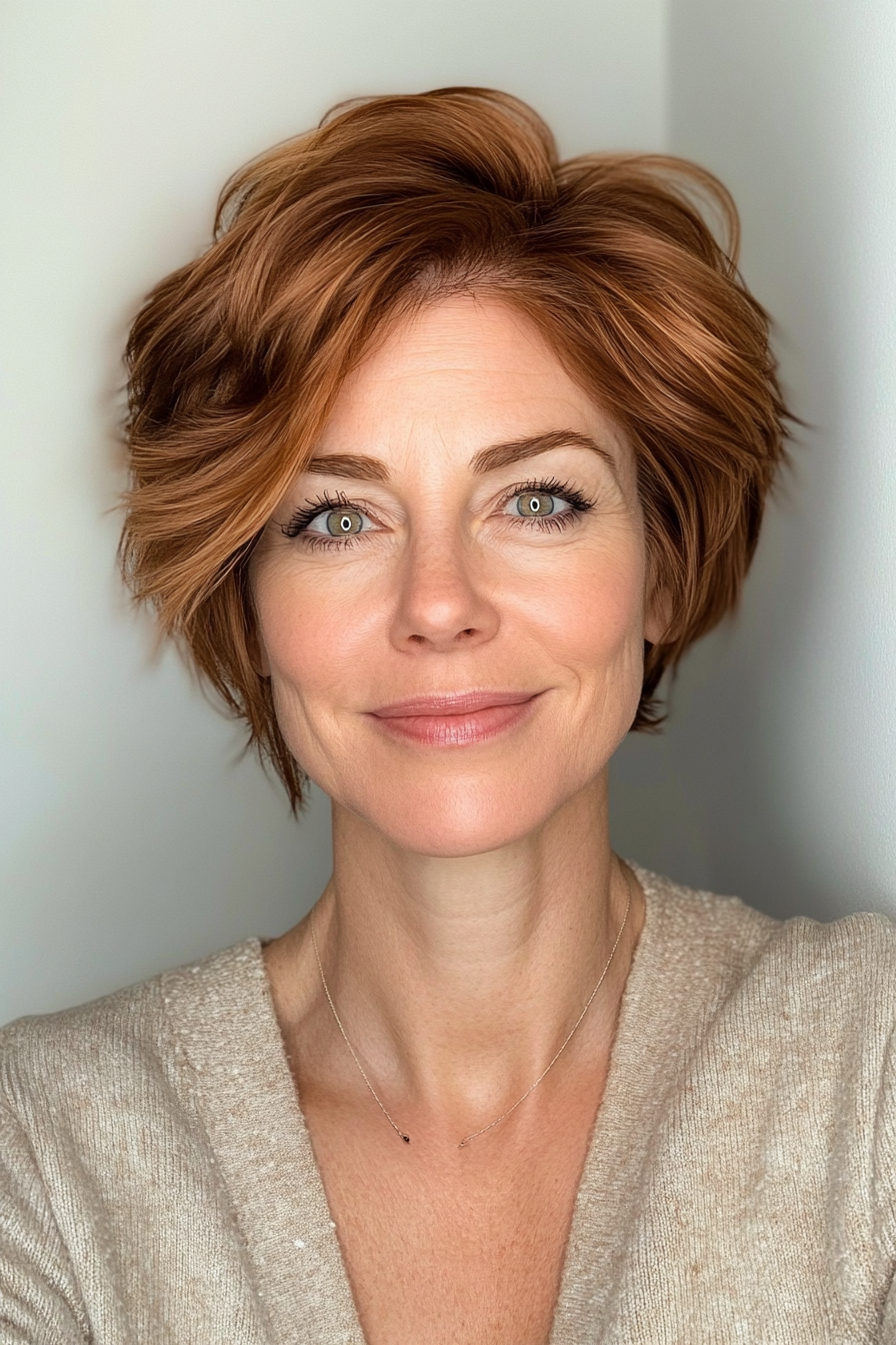9. Muted Chestnut Pixie with Volume (Pixie Hairstyles For Women Over 50) - Pixie Hairstyles For Women Over 50