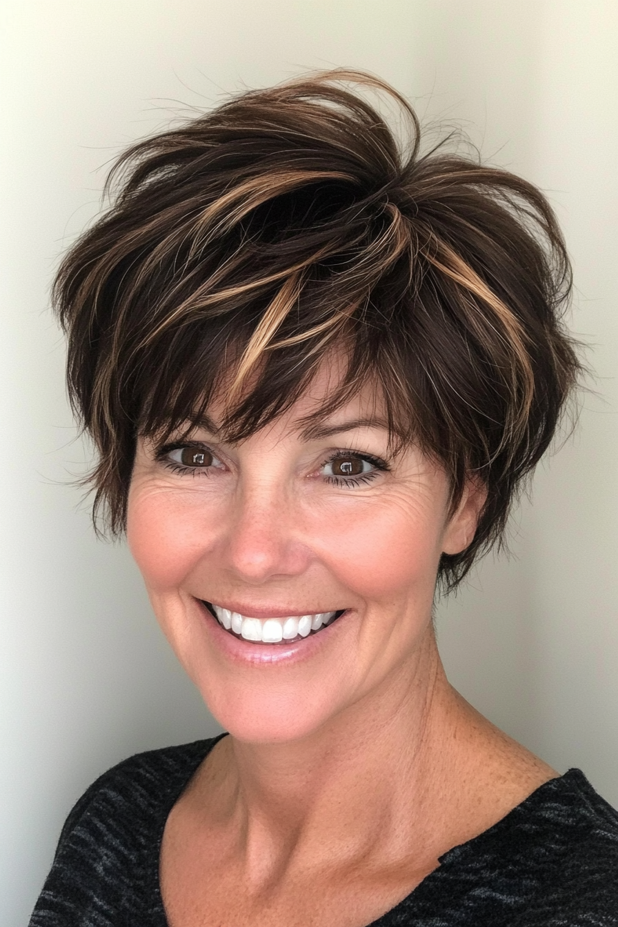10. Layered Dark Brown Pixie with Highlights (Pixie Hairstyles For Women Over 50) - Pixie Hairstyles For Women Over 50