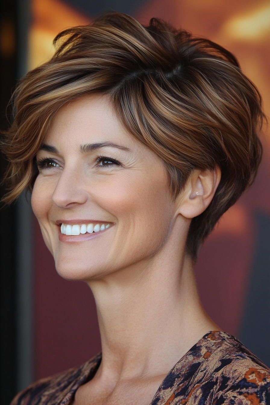 14. Soft Caramel and Brown Pixie (Pixie Hairstyles For Women Over 50) - Pixie Hairstyles For Women Over 50