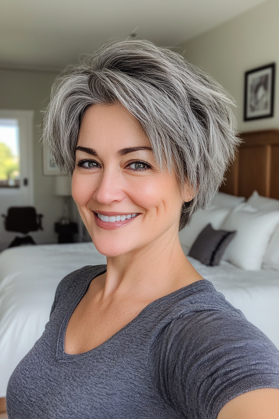 15. Textured Salt-and-Pepper Pixie (Pixie Hairstyles For Women Over 50) - Pixie Hairstyles For Women Over 50
