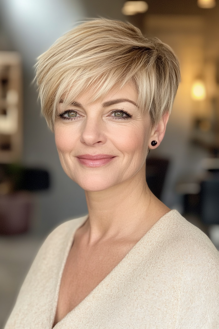 16. Golden Blonde Pixie with Side-Swept Bangs (Pixie Hairstyles For Women Over 50) - Pixie Hairstyles For Women Over 50
