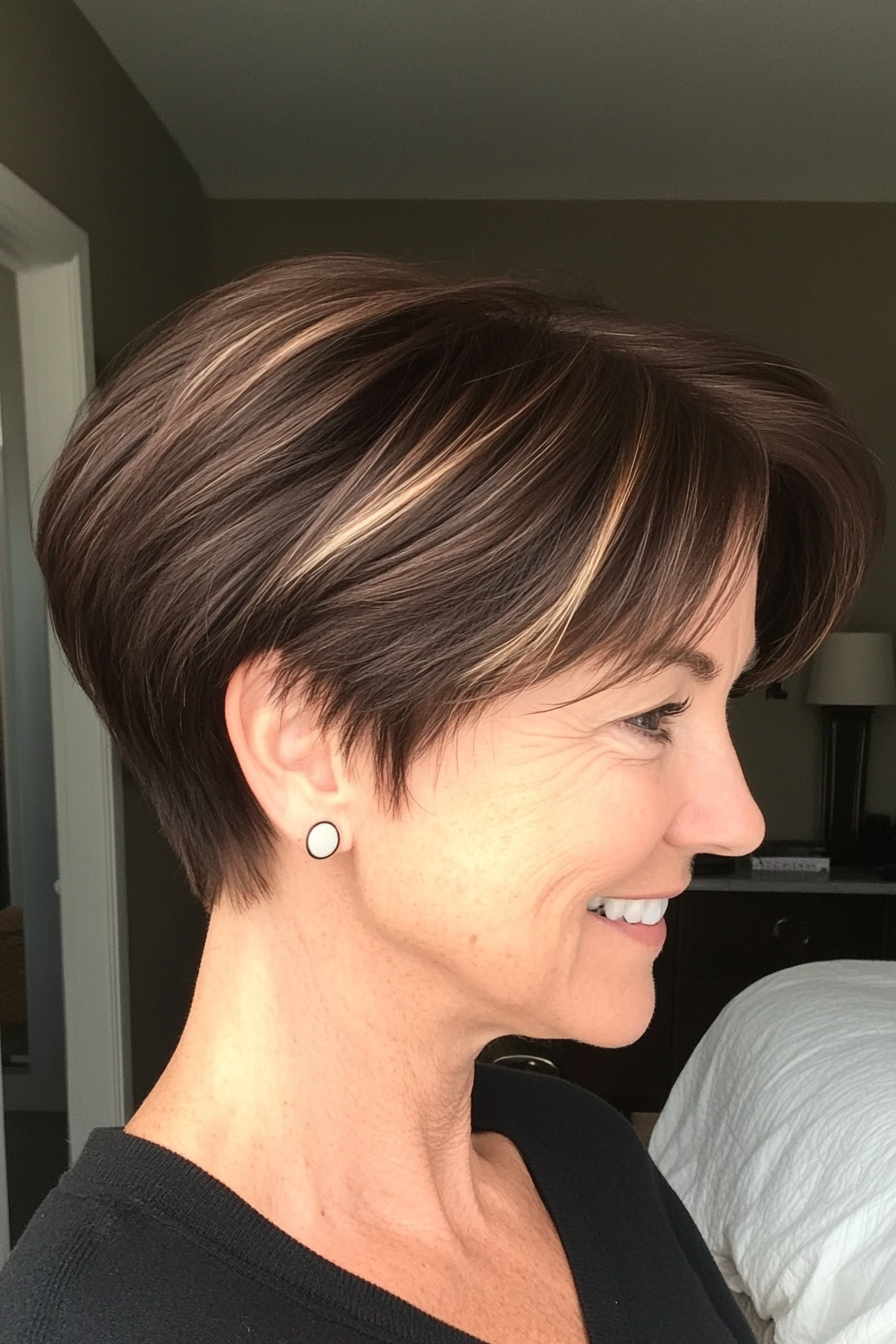 18. Dark Chocolate Pixie with Highlights (Pixie Hairstyles For Women Over 50) - Pixie Hairstyles For Women Over 50