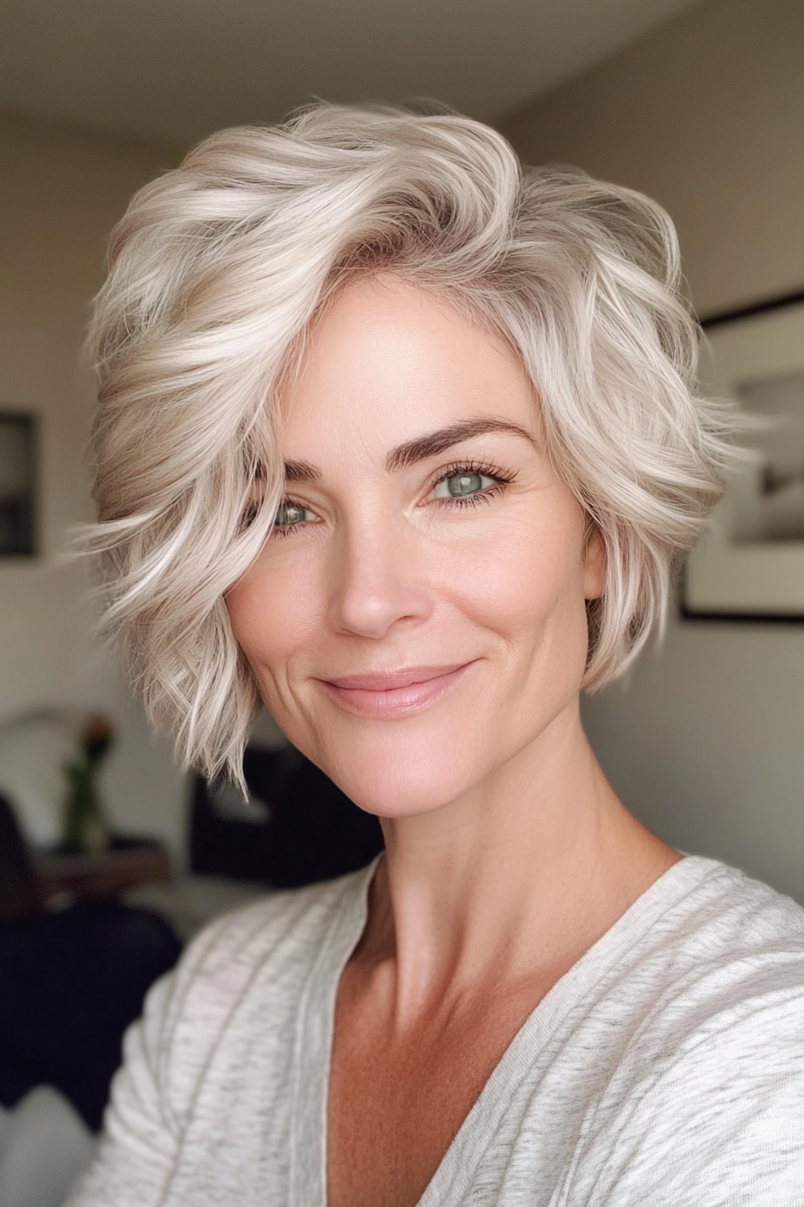 19. Wavy Platinum Pixie (Pixie Hairstyles For Women Over 50) - Pixie Hairstyles For Women Over 50
