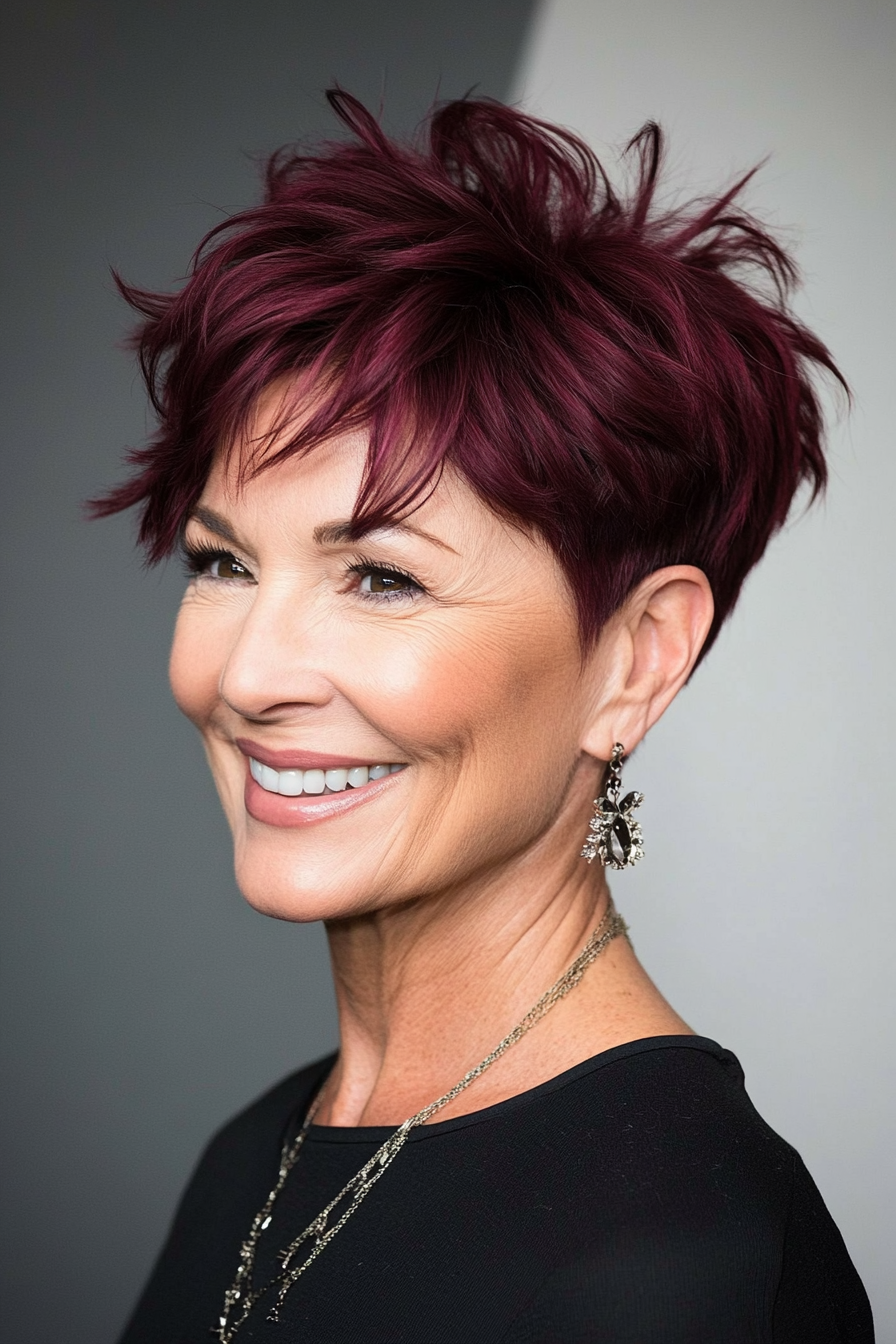 20. Rich Burgundy Pixie with Tousled Layers (Pixie Hairstyles For Women Over 50) - Pixie Hairstyles For Women Over 50