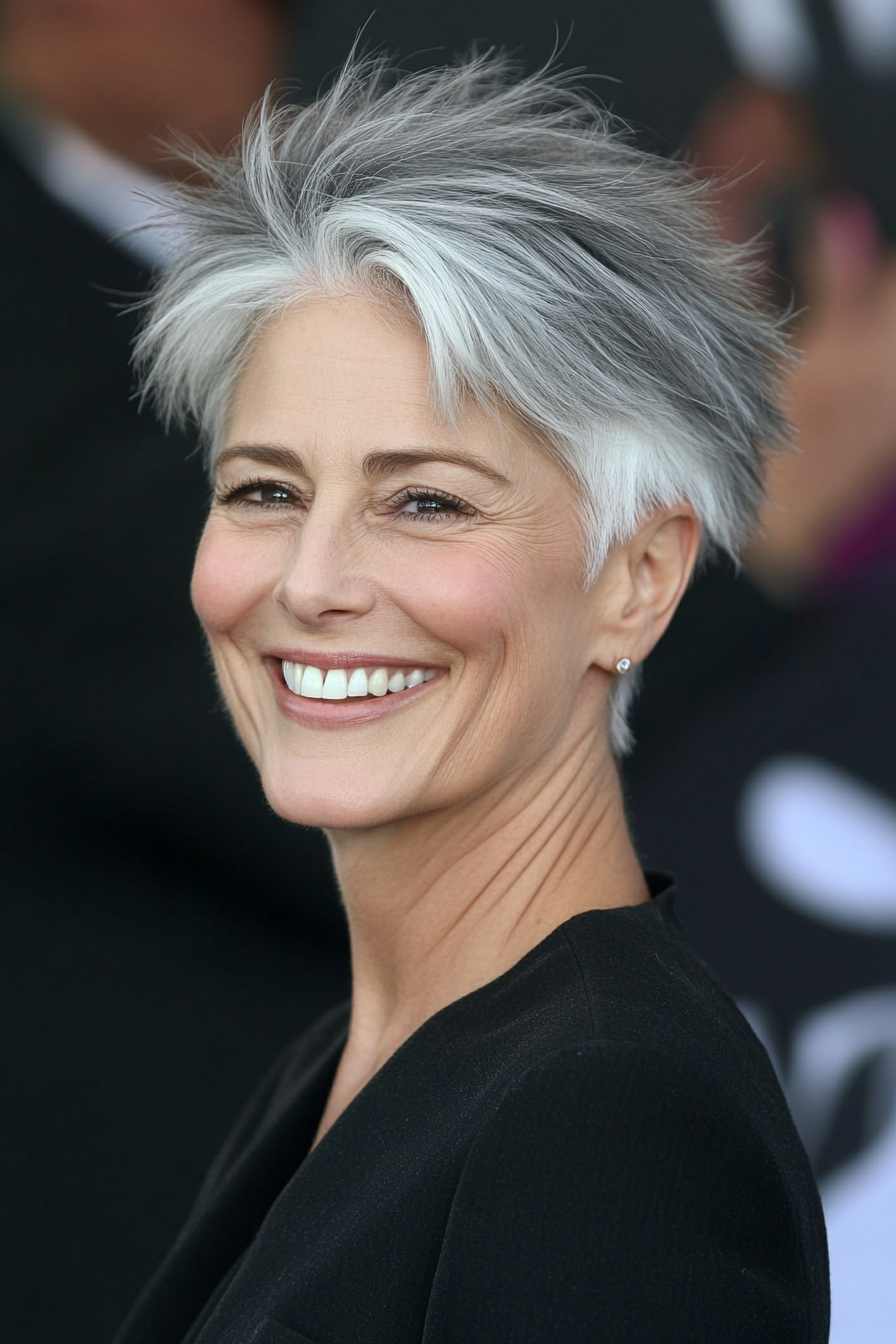21. Blended Gray and White Pixie (Pixie Hairstyles For Women Over 50) - Pixie Hairstyles For Women Over 50