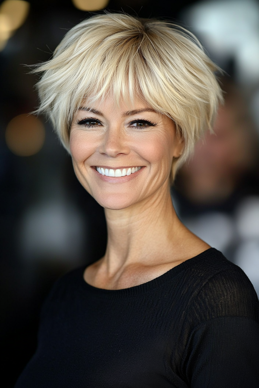 23. Soft Honey Blonde Pixie with Fringes (Pixie Hairstyles For Women Over 50) - Pixie Hairstyles For Women Over 50